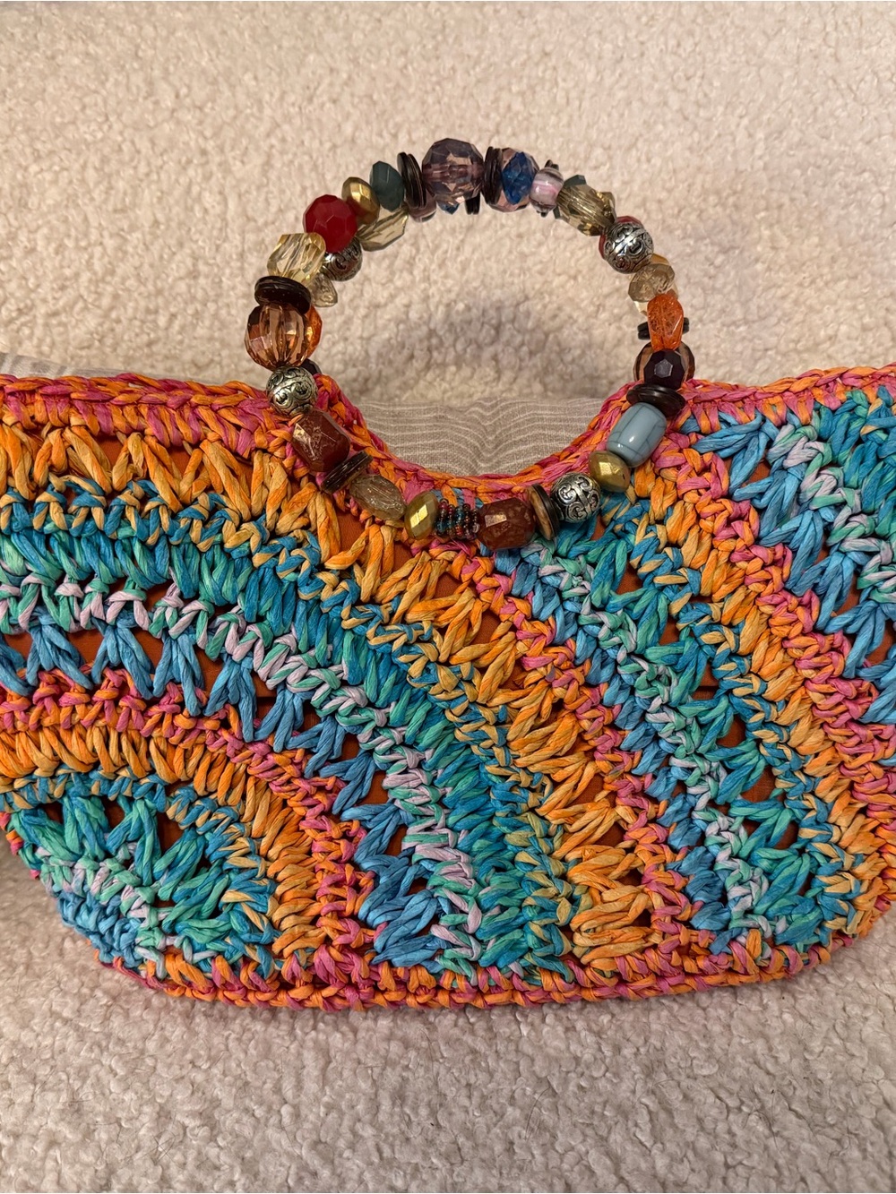 Multicolor Crochet Beach Tote with Beaded Handle
